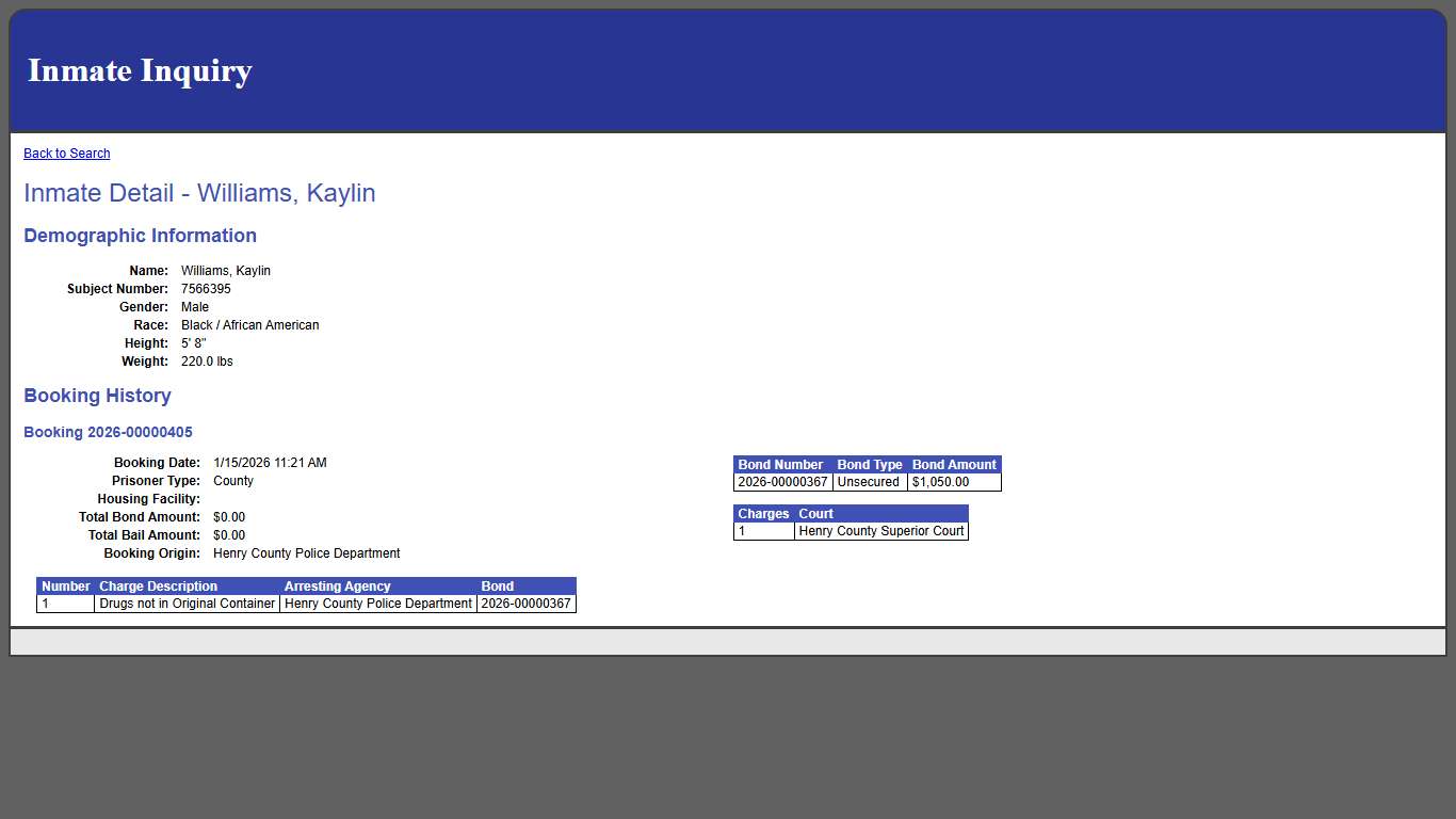 Inmate Detail - Williams, Kaylin